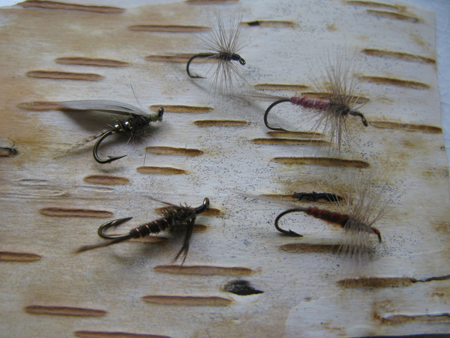 Pictured in clockwise order are a Pheasant Tail, bottom left, Hare’s Ear, Blue Quill, Hendrickson and Rusty Spinner fly patterns.